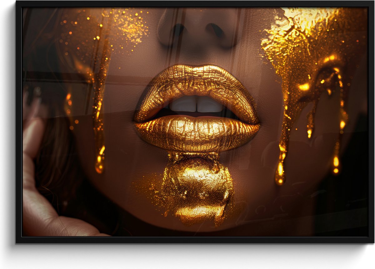 Poster in lijst - Fotolijst 120x80 cm - Posters - Vrouw - Goud - Gezicht - Verf - Lippen -
