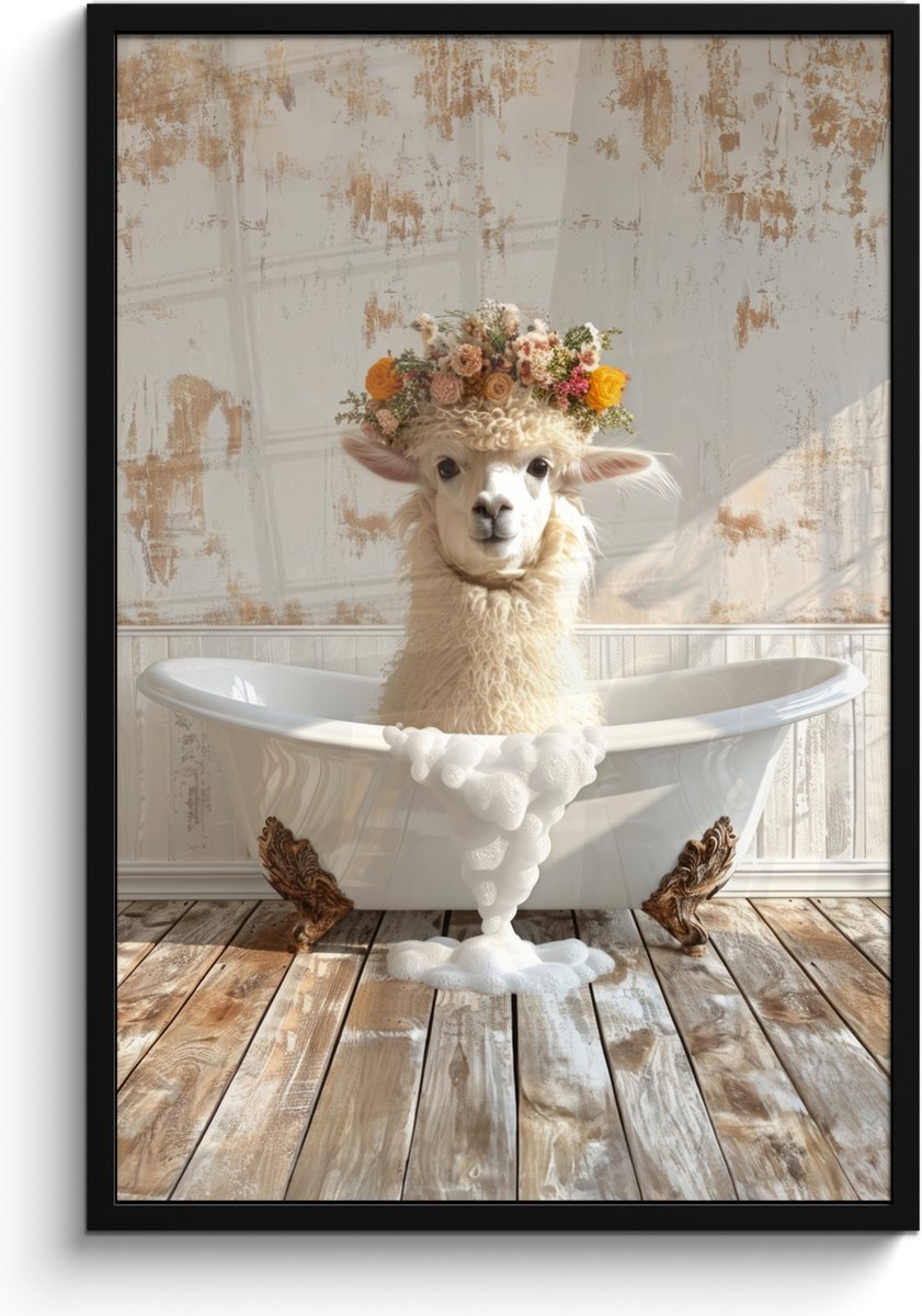 FrameYourWall Poster in lijst - Fotolijst 60x90 cm - Posters - Vintage - Alpaca - Badkuip - Bloemen - Dieren - Posterlijst zwart - Wanddecoratie badkamer - Muurdecoratie WC - Decoratieve accessoires - Toilet muur decoratie