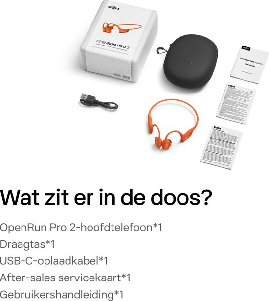 Doosinhoud Shokz OpenRun Pro 2: koptelefoon, draagtas, kabel en handleidingen.