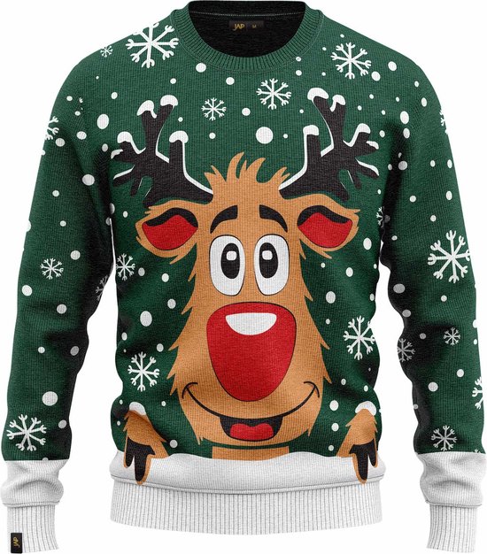 JAP Christmas Kersttrui (maat 5XL) - 100% Gerecycled - Kriebelt niet - Kerstcadeau volwassenen - Foute Kersttrui dames en heren XXXXXL - Rudolf het Rendier - Groen