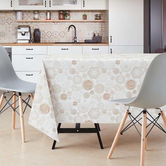 KP HOME Kerst Tafelkleed PVC 300x140 Cm Beige Met Sneeuwvlokken - Afwasbaar En Waterdicht