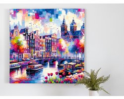 Acryl amsterdam schilderij | Exploratie van kleurrijke stadsgezichten: een dynamisch acryl Amsterdam kunstwerk | Kunst - 30x30 centimeter op Canvas | Foto op Canvas