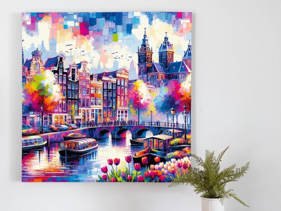 Acryl amsterdam schilderij | Exploratie van kleurrijke stadsgezichten: een dynamisch acryl Amsterdam kunstwerk | Kunst - 30x30 centimeter op Canvas | Foto op Canvas