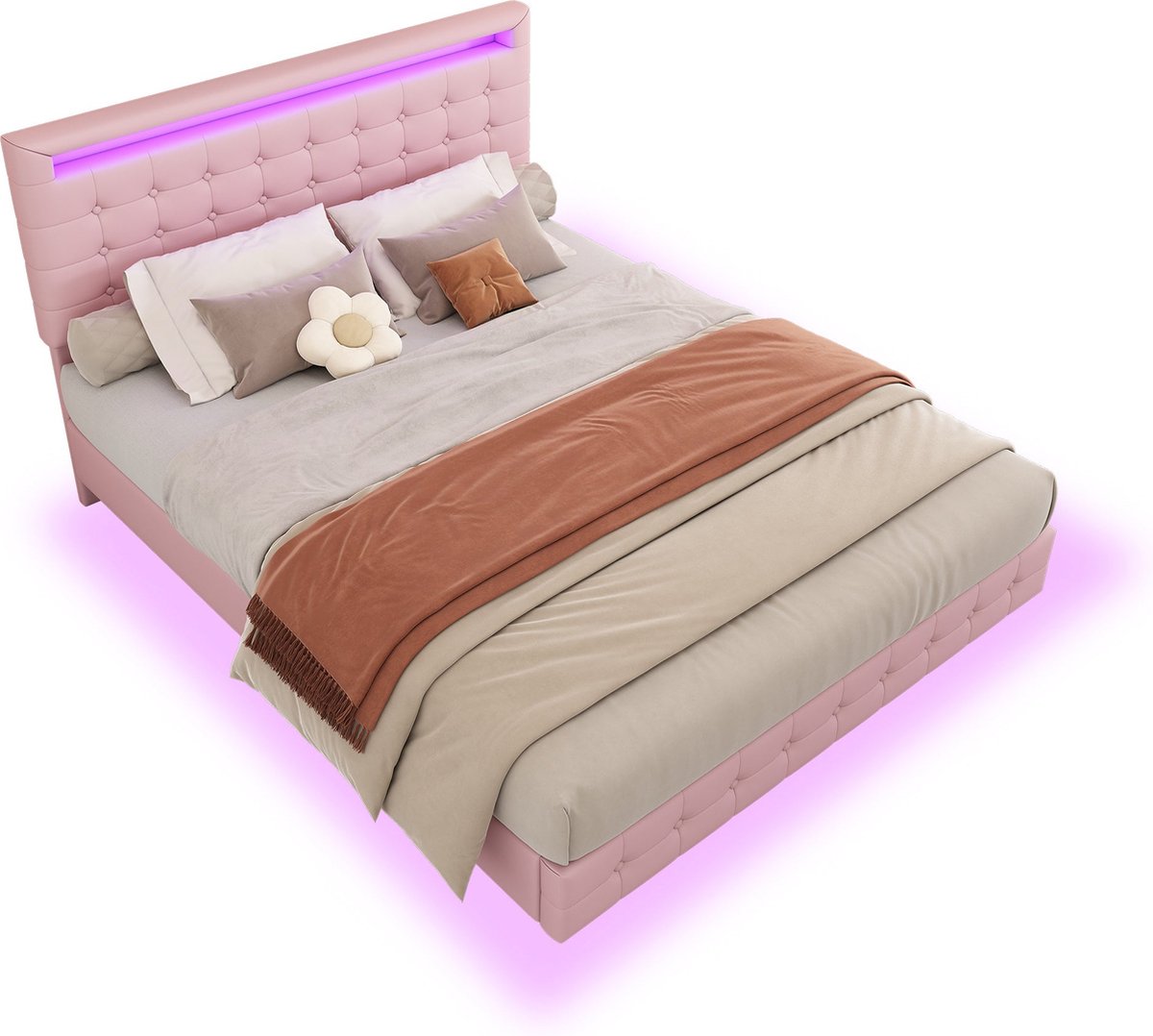 Merax Kunstleder Tweepersoonsbed 140x200 cm met LED Verlichting - Luxe Zwevend Bedframe met Verstelbaar Hoofdbord - Roze