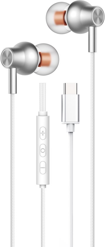 Holiper USB-C Dual Driver Oortjes – Met Oorhaak – 1,2 Meter – Incl. Microfoon & Volumeregelaar – Stereo Bas – Voor Sport, Werk & Muziek – IPX5