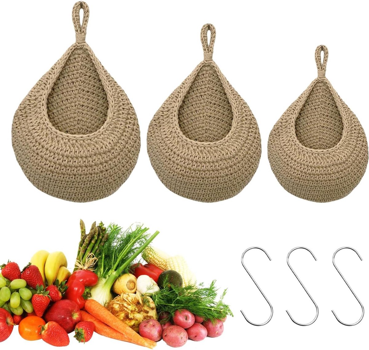 Handgeweven hangmanden met 3 haken fruitmand voor keuken woonkamer slaapkamer klein medium groot licht hennepkleur