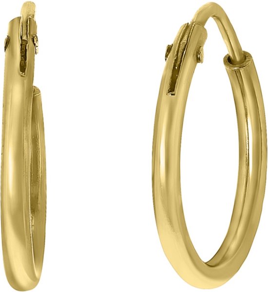 Twee gouden hoepeloorbellen, een van de zijkant, een van voren.