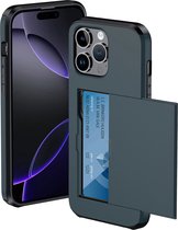 Hoesje Geschikt voor iPhone 16 Pro Max Hoesje Met Pasjeshouder Hard Case Met Kaarthouder - Hoes Geschikt voor iPhone 16 Pro Max Hoesje Pashouder Case - Donkerblauw