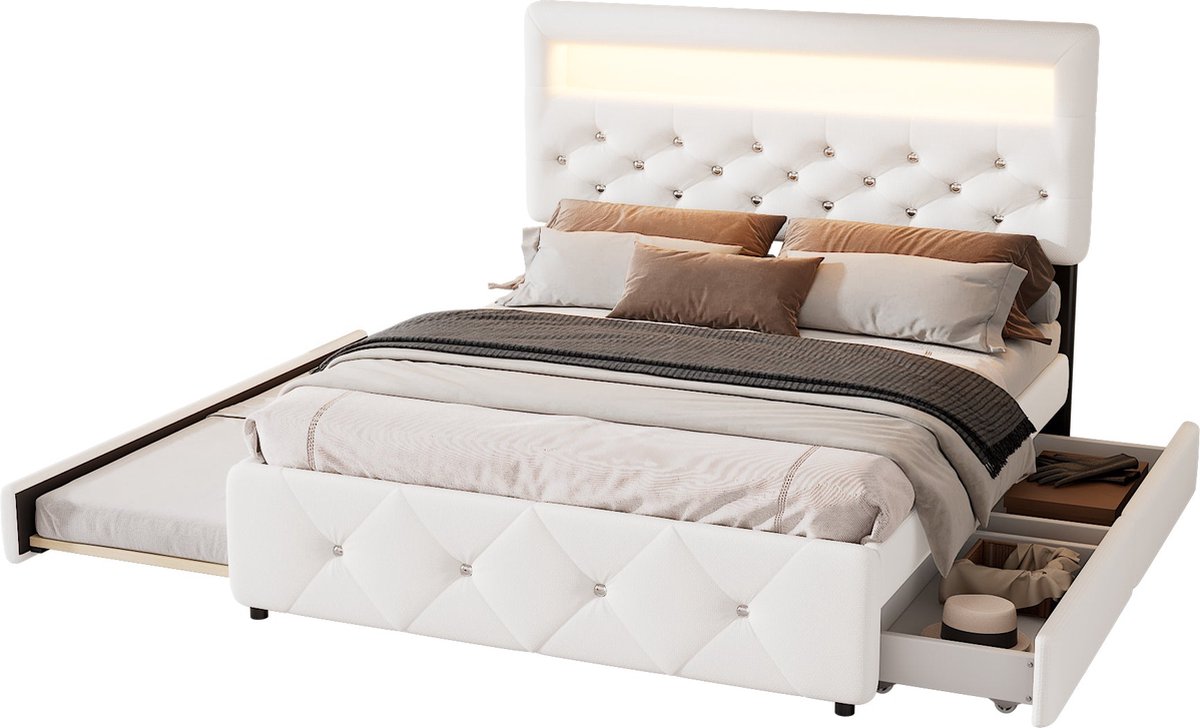 Merax Gestoffeerd Tweepersoonsbed 140x200 cm met Extra Uitschuifbaar Bed 90x190 cm - Bedframe met 2 Lades en Hoofdbord met LED-Verlichting - Wit