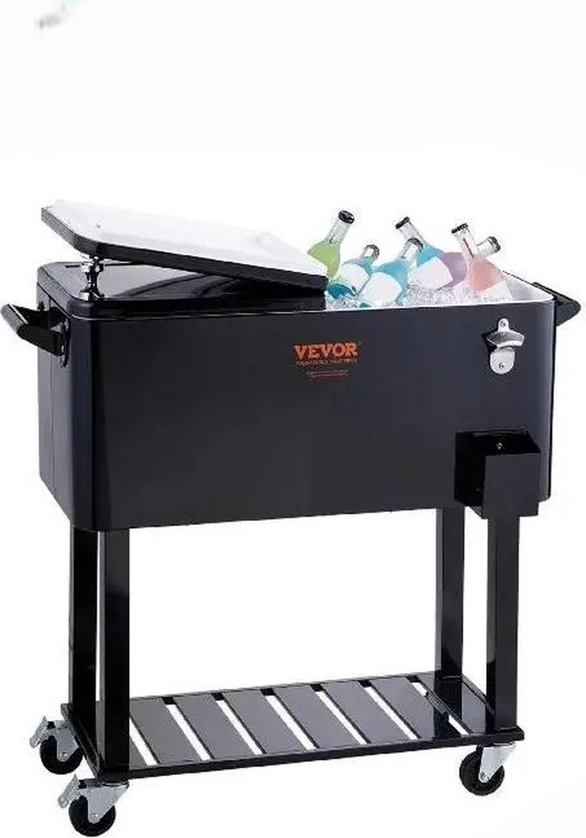 Koelbox - IJskist - Rollende IJskist - Koeler - Draagbaar met Handvat - Bieropener & Opvangbak Gemonteerd op IJskist - Met Wielen - 80Liter - 18Kg - 93cm x 46cm x - 89cm - Zwart