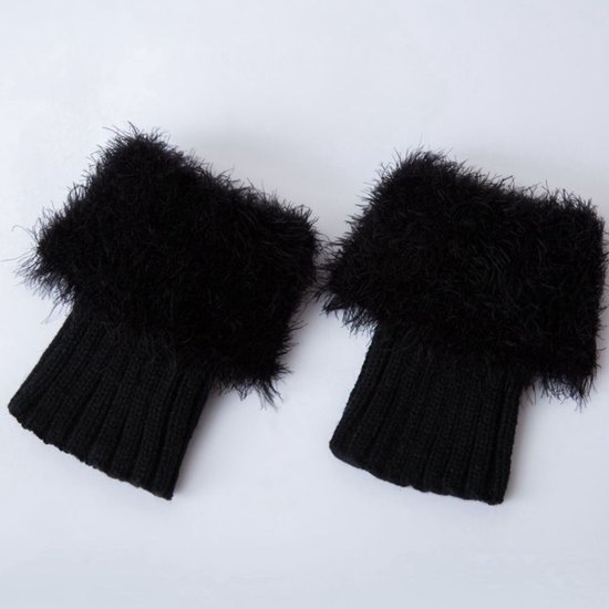 Jambières douces, jambières en fausse fourrure pour femmes, chaussettes courtes en peluche, couvre-bottes en fausse fourrure tricotée avec revers, couvre-bottes en crochet tricotés chauds d'hiver unis - noir - 16 cm