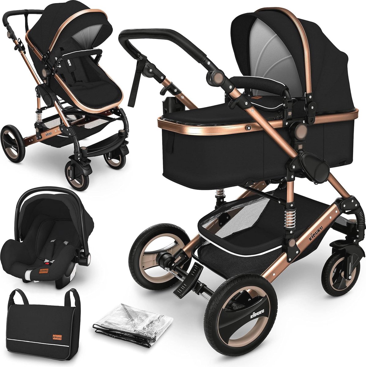 Image of 3 in 1 Kinderwagenset voor Baby's | Combi Wandelwagen met Reiswieg en Buggy Functie | Volledig Rubber Banden en Handige Accessoires | Ideaal vanaf Geboorte Tot 13 kg