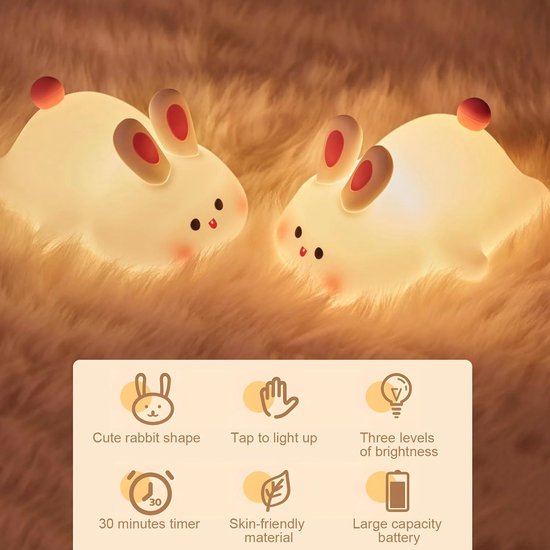 Dimbaar Konijntje Nachtlampje voor Kinderen - Siliconen LED Bedlampje met Touch Sensor — afbeelding 2