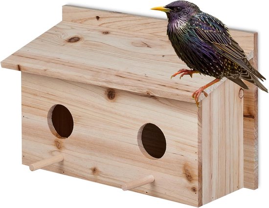 Groot Dennenhout Nestkast Spreeuwen - 2 invliegopeningen - 5 cm - Boom Vogelhuisje Natuurlijke Look