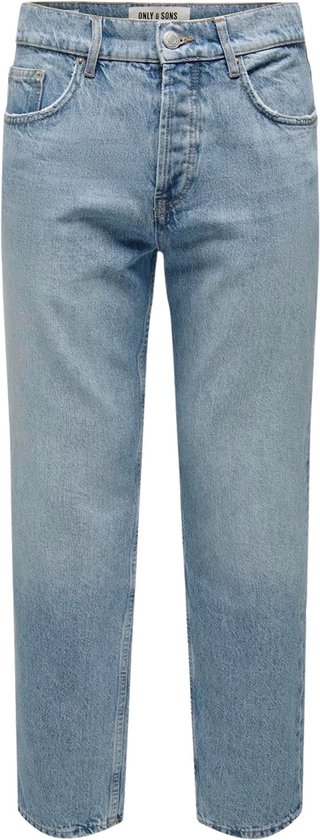 Lichtblauwe jeans met rechte pijpen, een middelhoge taille en knoopsluiting.