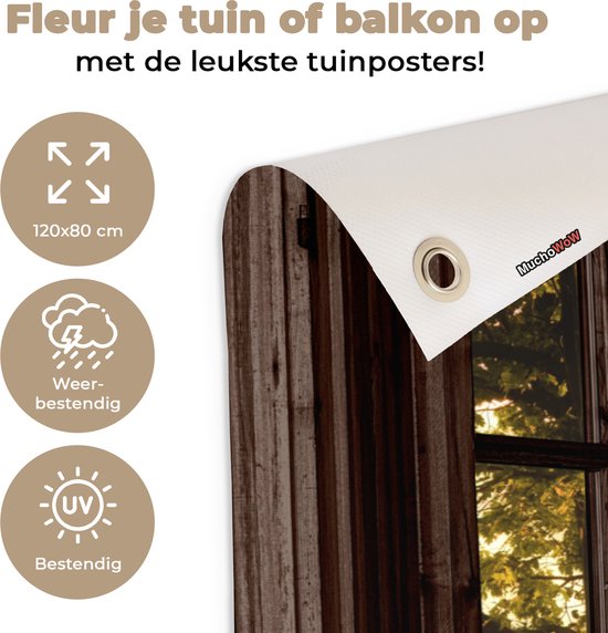 Tuinposter 120x80 cm - Tuindecoratie Bos - Bomen - Zonlicht - Herfst - Bospad - Natuur - Doorkijk - Poster voor in de tuin - Buiten decoratie - Schutting tuinschilderij - Tuindoek muurdecoratie - Wanddecoratie balkondoek