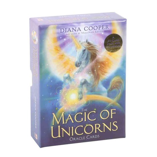 De kaartenbox 'The Magic of Unicorns' van Diana Cooper met op de voorkant een gevleugelde eenhoorn.