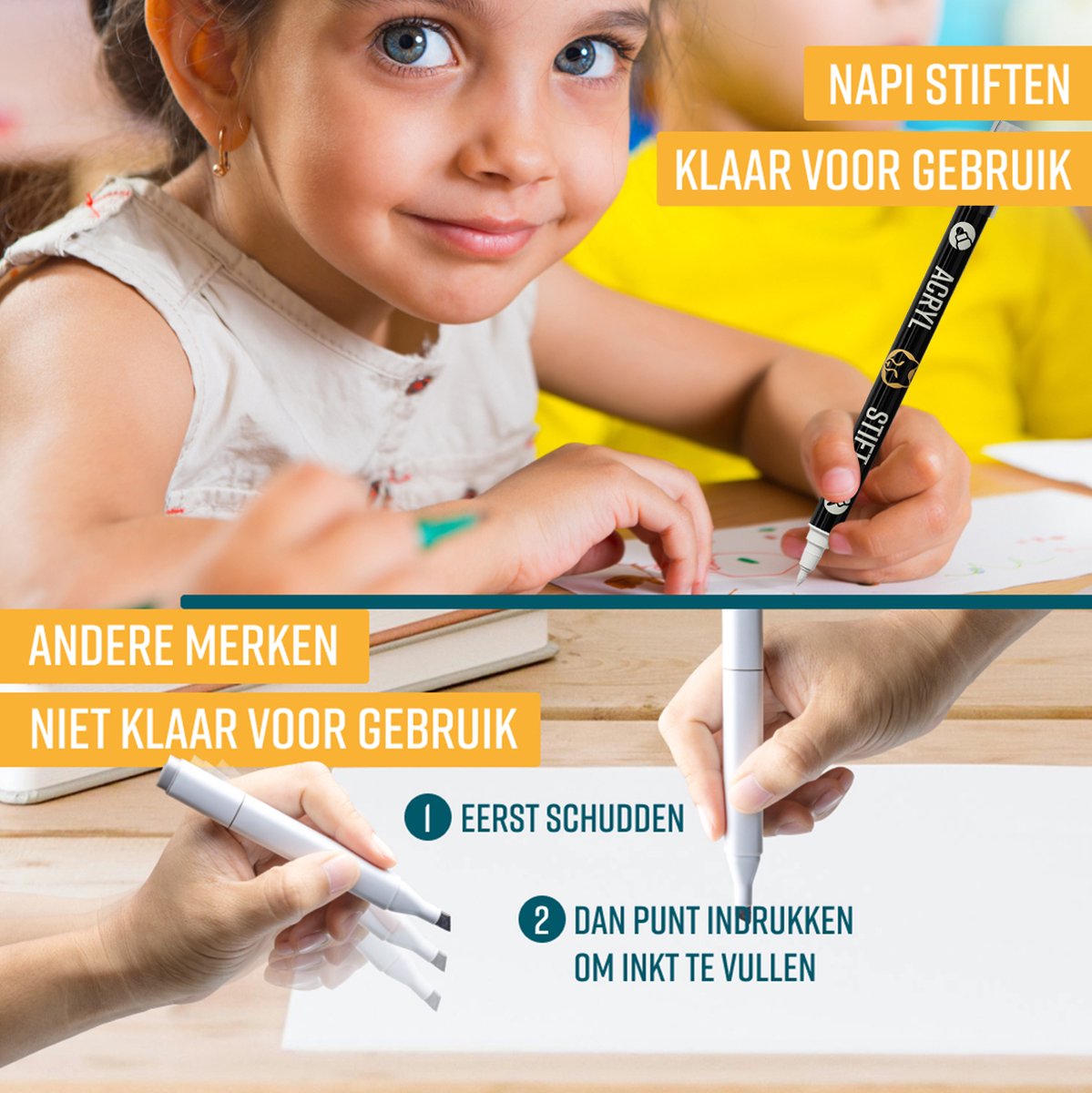 Napi Acrylstiften 6st Zwart/Wit - Brush en Fine Tip Twinmarkers - Verfstiften Happy Stones - Stenen Schilderen met Acryl Verf Marker Stiften - Volwassenen en Kinderen — afbeelding 5