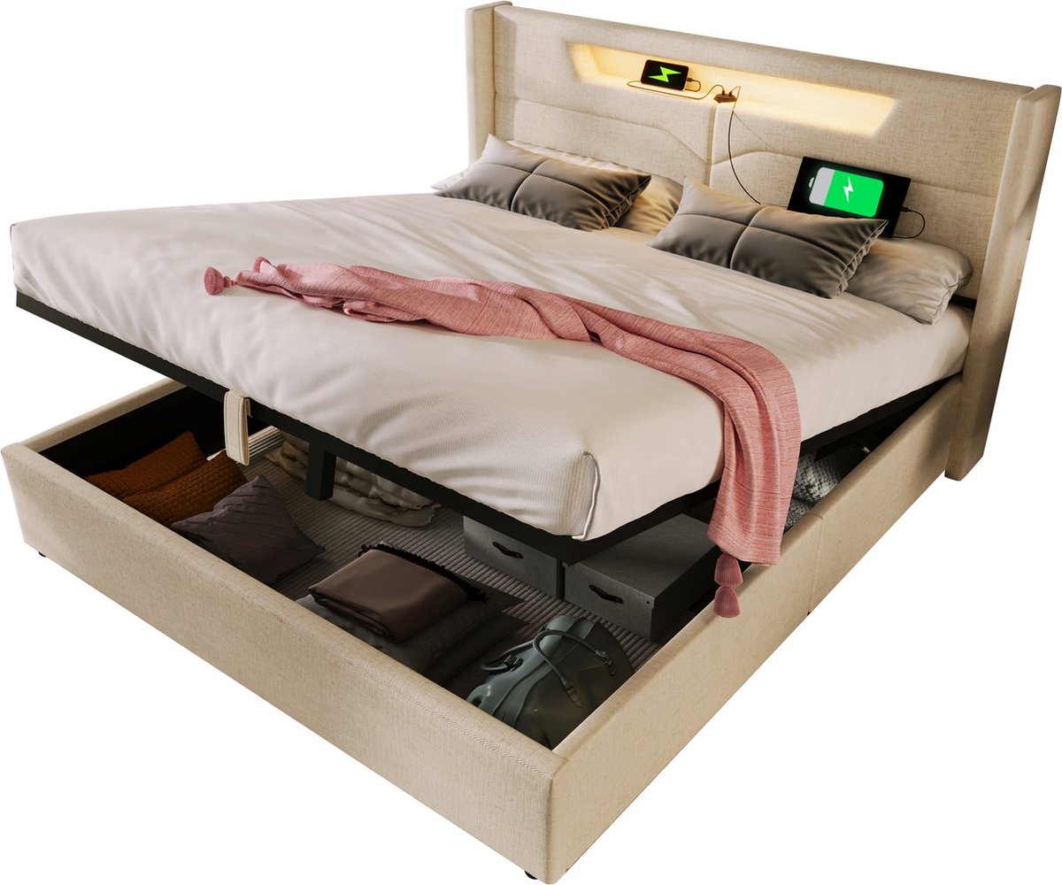 Merax Gestoffeerd LED Bed 140x200 cm met USB Type C Oplaadfunctie en LED-Verlichting - Bed met Opbergruimte - Beige Linnen