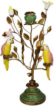 Bougeoir super vintage doré avec vert et jaune avec perruches oiseaux roses 17 x 33 cm