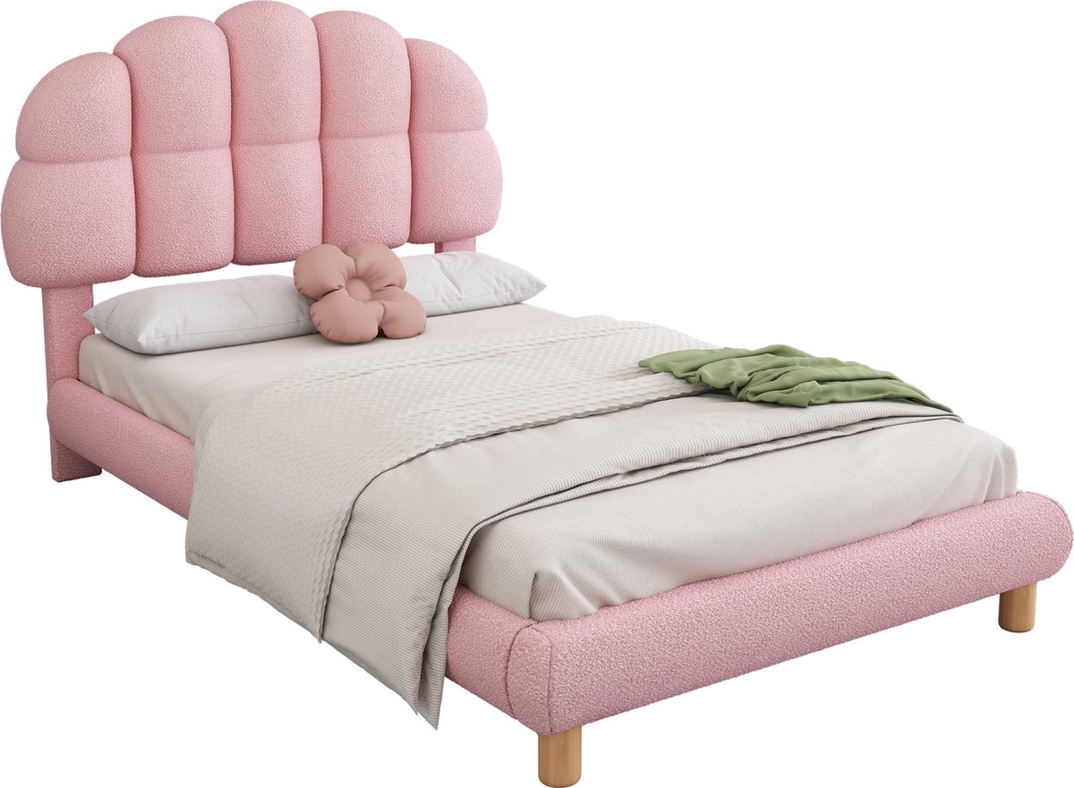 Merax Velvet Eenpersoonsbed 90x200 cm - Fluweel Gestoffeerd Bed - Kinderbed met Verstelbaar Hoofdbord - Roze