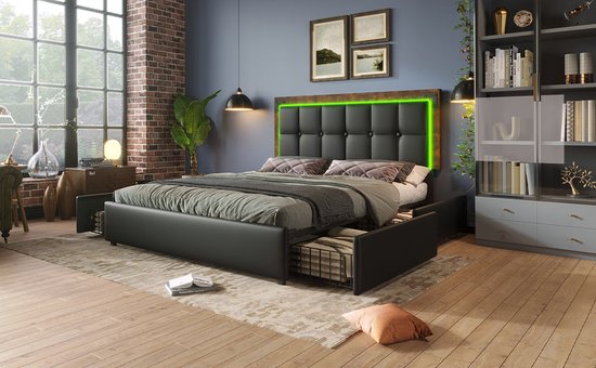 Merax Lit Double Queensize 160x200 cm avec Matras en Mousse Froide - Lit rembourré en Simili Cuir avec 4 tiroirs et LED- Siècle des Lumières - Zwart