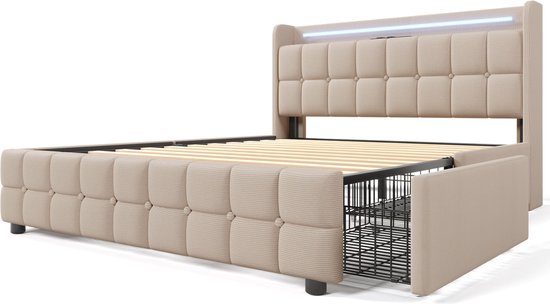 Merax Lit Double Queensize 160x200cm Comprenant Matras en Mousse Froide et 4 Tiroirs - Lit Rembourré avec Fonction de Chargement USB et LED- Siècle des Lumières - Beige