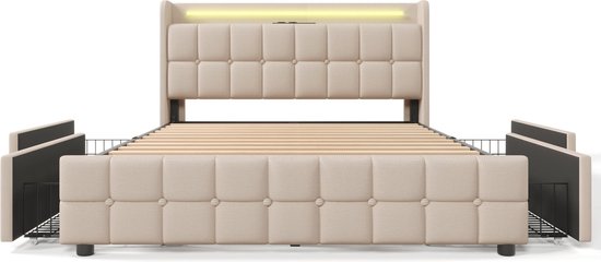 Merax Lit Double Queensize 160x200cm Comprenant Matras en Mousse Froide et 4 Tiroirs - Lit Rembourré avec Fonction de Chargement USB et LED- Siècle des Lumières - Beige