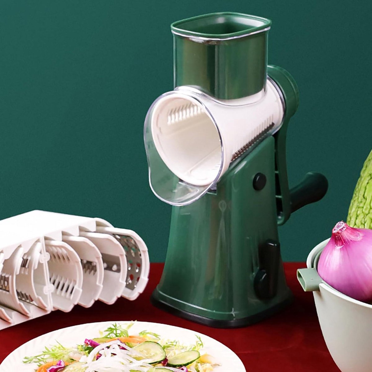 Handmatige trommelrasp 5-in-1 met zwengel multifunctionele kaasrasp en groenteschaaf verwisselbare trommelmessen voor groenten fruit noten