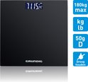 Zwarte digitale weegschaal met Grundig logo, display en iconen voor 180kg max, kg/lb, 50g D en 'Droog houden'.