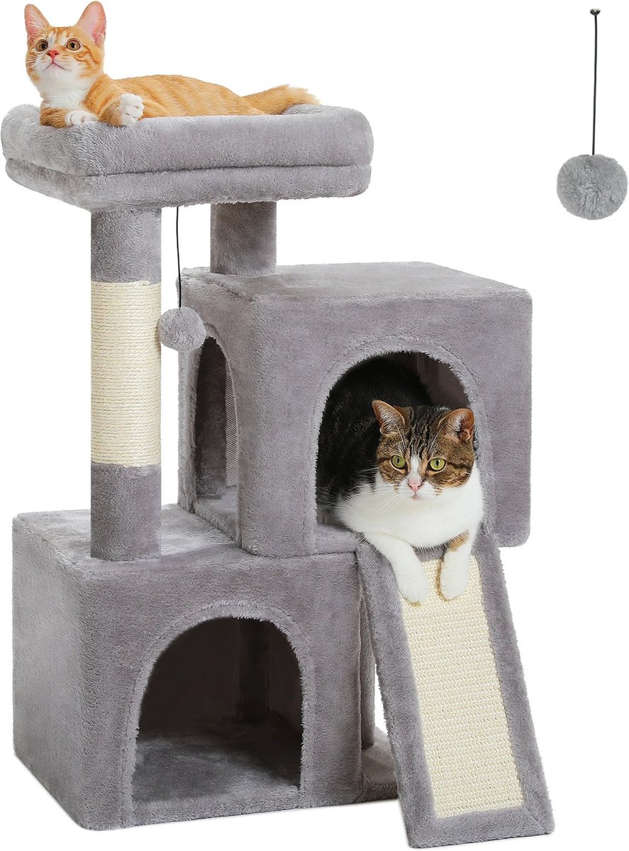 Whoopr® Cat Tower - Luxe Krabpaal - Katten Toren met 2 Kattenhuisjes - Kattenhuis - Ruime Kattenhangmat - Volledig Gewikkeld In Sisal Krabpalen - Inclusief Bungelende Speelballen - 77 cm Hoog - Grijs