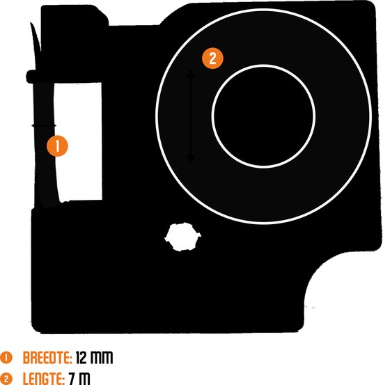 Diagram van een labeltape rol met breedte 12 mm en lengte 7 m.