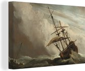 Canvas Schilderij Een schip in volle zee bij vliegende storm - Schilderij van Willem van de Velde - 90x60 cm - Wanddecoratie