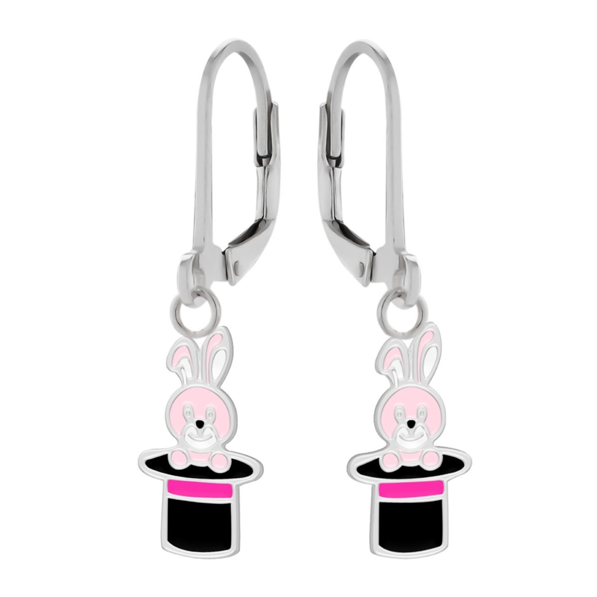 Oorbellen meisje | Zilveren kinderoorbellen | Zilveren oorhangers, roze konijn in hoge hoed