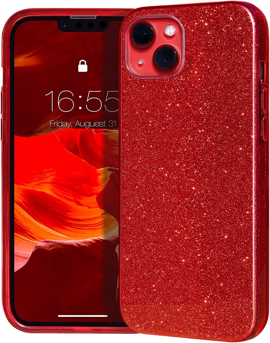 Hoesje Geschikt voor iPhone 14 Plus Glitter Siliconen backcover – Rood