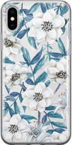 Casimoda® hoesje - Geschikt voor iPhone Xs - Bloemen / Floral blauw - Siliconen/TPU telefoonhoesje - Backcover - Transparant - Blauw
