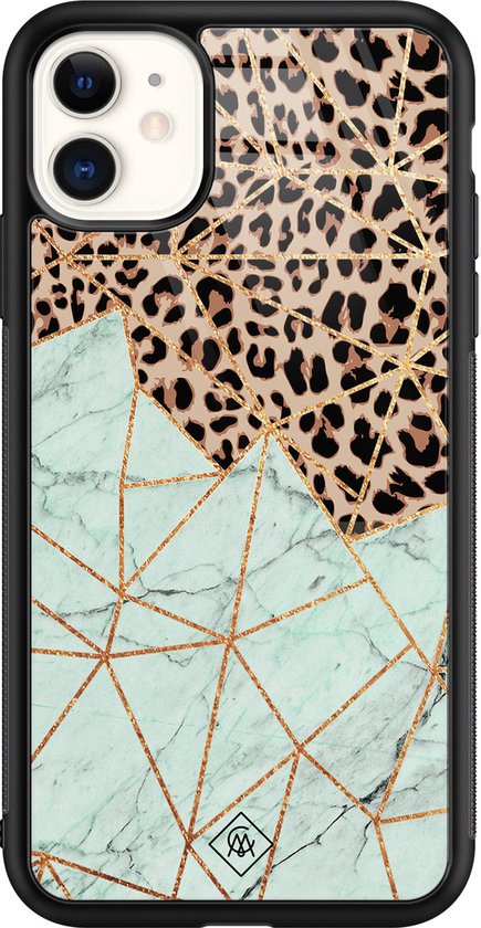 Coque iPhone 11 verre - Léopard marbre menthe - Marron - Coque rigide - Casimoda