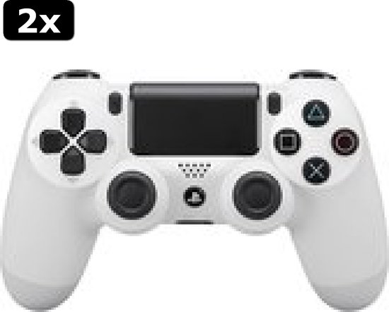 Witte DualShock 4 controller, voorkant, met touchpad en knoppen.