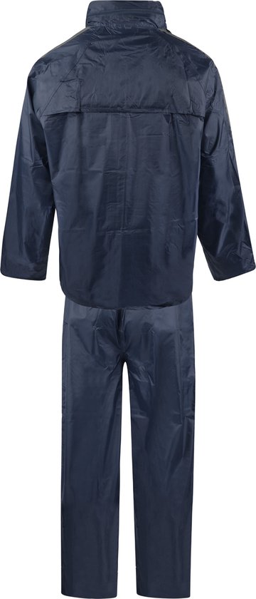 Donkerblauw regenpak, voorkant en achterkant.