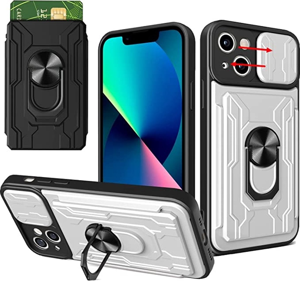 Hoesje Geschikt voor iPhone 13 met pashouder / Ringhouder / lens bescherming – Wit