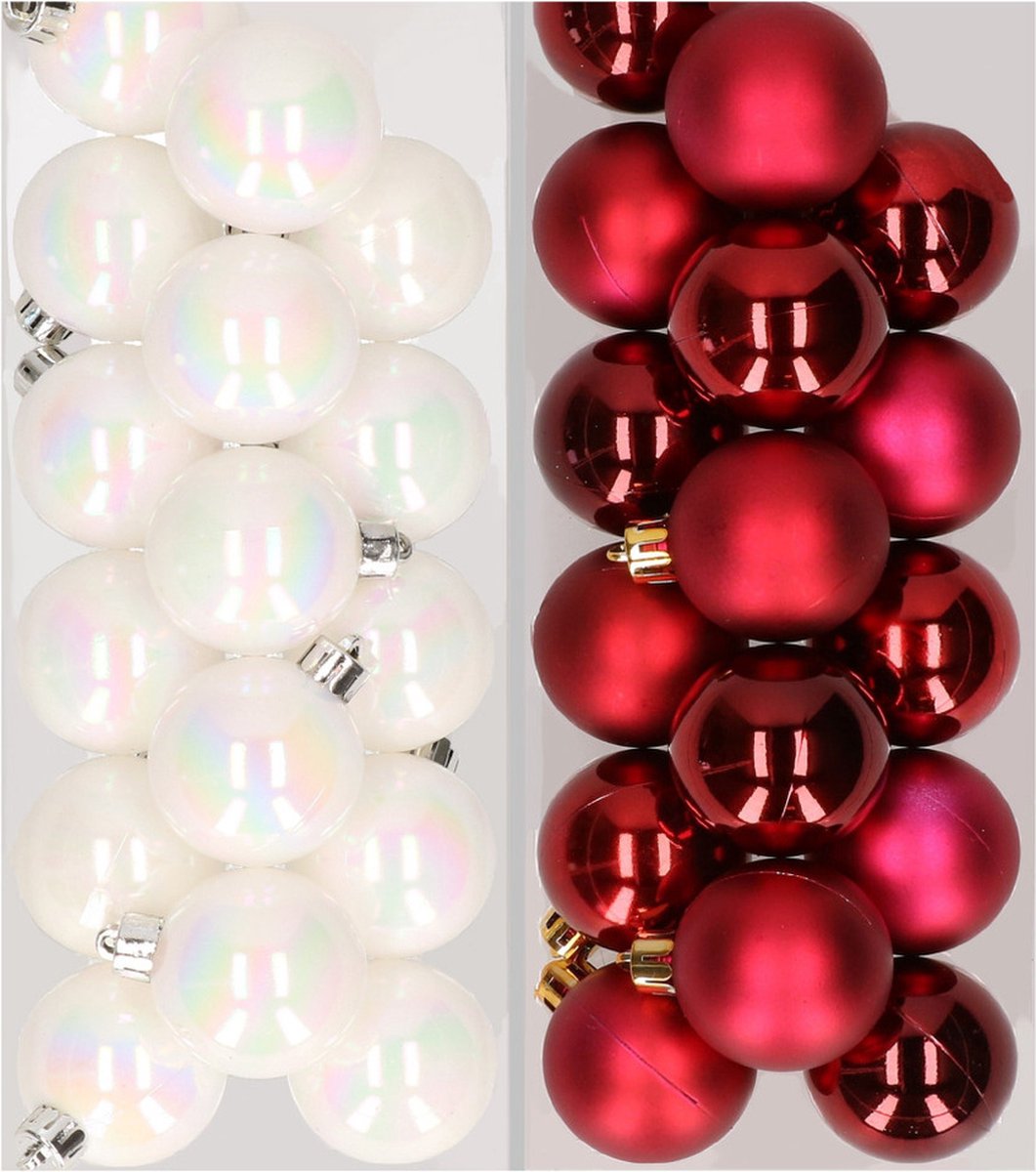 32x stuks kunststof kerstballen mix van parelmoer wit en donkerrood 4 cm - Kerstversiering
