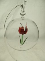 Glasdecoratie - hanger - 10 cm rond - glasbol - mondgeblazen - tulp rood - bloem