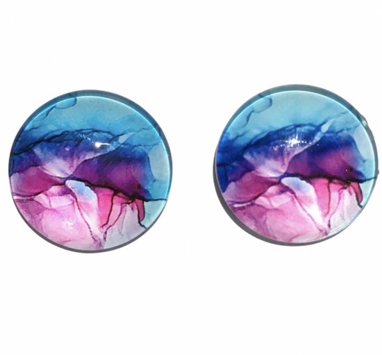 Clip Oorbellen Blauw Roze-2cm- Geen gaatje- Charme Bijoux