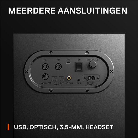 Detail van de achterkant van een subwoofer met diverse aansluitingen.