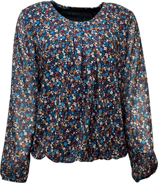 Pink Lady dames blouse - blouse lange mouwen, ronde hals - blauw bloem print - elastiek - L201 - maat 52