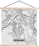 Posterhanger incl. Poster 120x120 cm - Schoolplaat - Plattegrond – Seraing – Zwart Wit – Stadskaart - Kaart - Textielposter - Blanke latten - Plattegrond