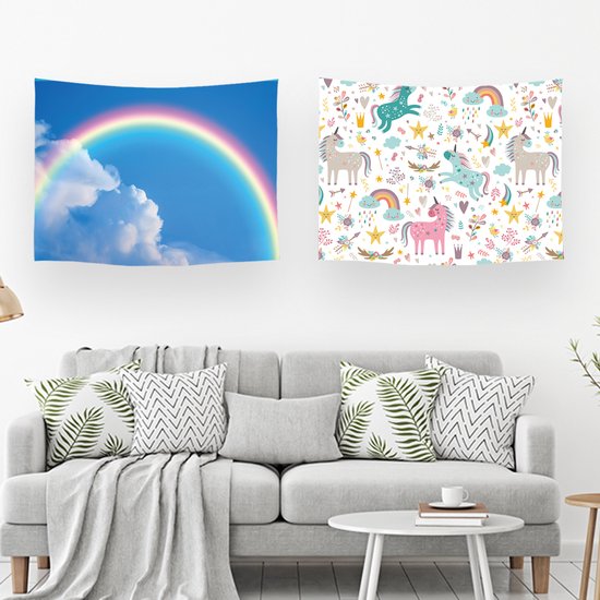 Ulticool – Wandkleed - Regenboog Kinderkamer Decoratie Unicorn Eenhoorn – Set van 2 designs - 73 cm x 95 cm – Schilderij Wandtapijt Stof – Poster Art – Wit Roze Blauw