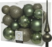 Kunststof kerstballen met glazen piek - mosgroen - 27-delig