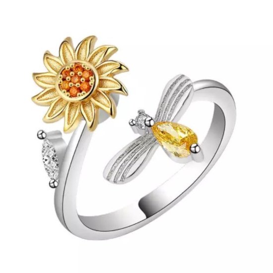 Anxiety Ring - (Draairing Zonnebloem/Bij) - Stress Ring - Fidget Ring - Anxiety Ring For Finger - Draaibare Ring Dames - Spinning Ring - Spinner Ring - One-size -  Zilver 925