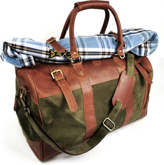 Weekender-sac de voyage-sac en cuir - pellericca - mousse-vert armée-marron cognac-cuir-cuir de veau-sportif + fermeture à bagages supplémentaire.